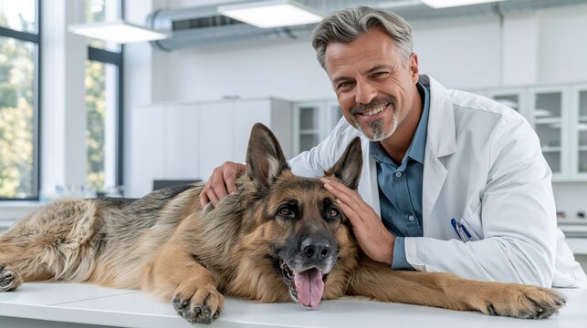 Smiling Veterinarian Gently Pats German Shepherd Dog Lying Down in Bright, Modern Clinic
