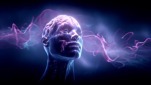 Artificial intelligence. Neuron network. A vivid digital artwork depicts a human head in profile. The brain is rendered in a gradient of purple and blue hues.