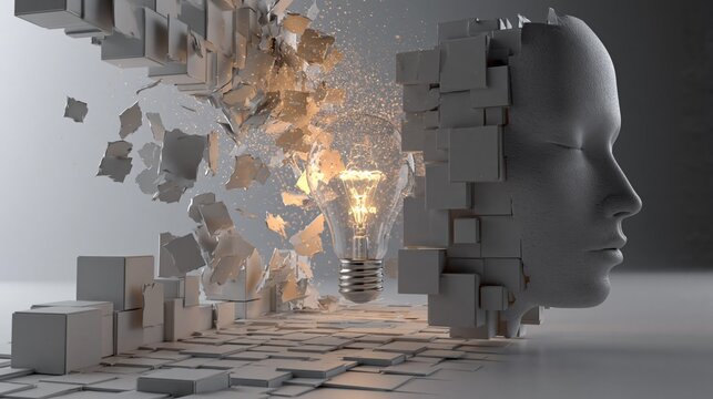 Abstract digital art depicting a human head exploding with creative ideas represented by a glowing lightbulb and shattered geometric shapes
