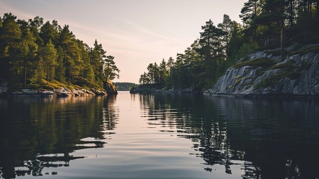 Serene fjord landscape with calm reflective water flanked by pine-covered rocky cliffs at sunset
