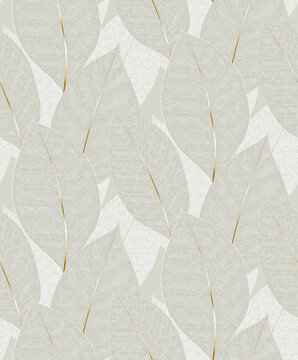 Seamless background, ethereal skeleton leaf layers with delicate gold veins and sophisticated sage green and white tones