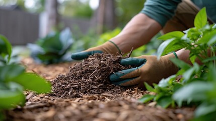 Obraz premium Gardener's hands wearing gloves carefully spreading mulch in a lush vegetable garden bed