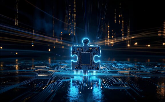 Glowing puzzle piece atop circuit board symbolizing tech integration