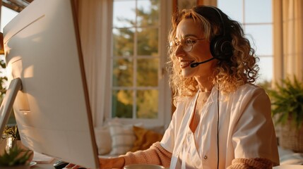 Fototapeta premium Smiling woman with headset working from home on computer, professional remote work setting with natural light