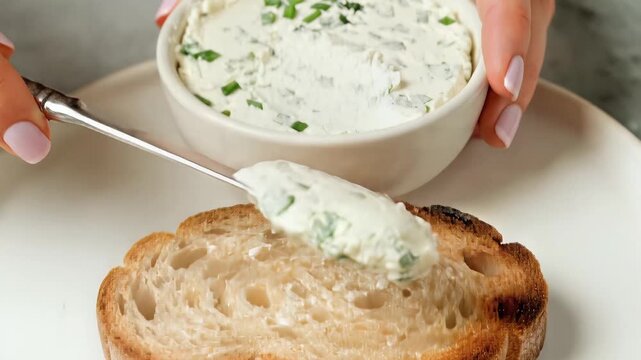Woman using a knife to scoop fresh herb cream cheese from a bowl for breakfast.
