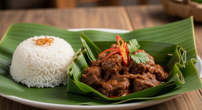 Asian cuisine beef rendang rice plate