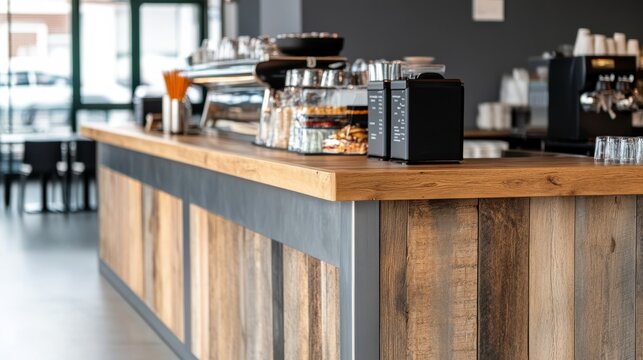 Rustic-modern coffee shop counter detailed view of warm wood top, reclaimed timber cladding and barista essentials, creating a clean, inviting cafe ambiance. ,Cafe Interior ,Counter