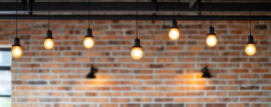 Seven glowing Edison bulbs hang in a row, casting a warm light against a soft-focus industrial brick wall. A cozy, vintage-inspired interior design concept. Lighting, Ambiance