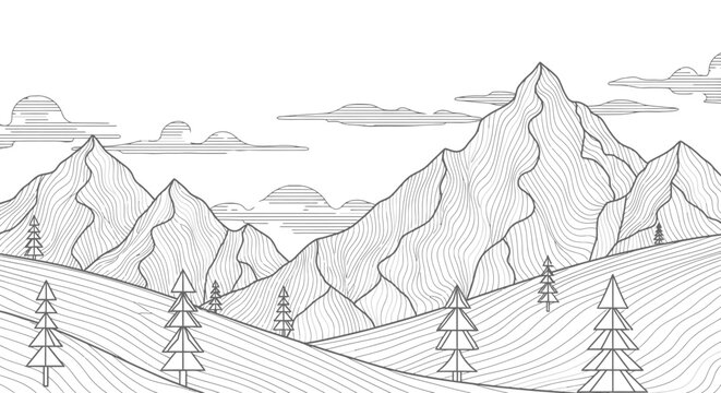 Minimalist black and white line art illustration of a serene mountain landscape with rolling hills, towering peaks, pine trees, and clouds.