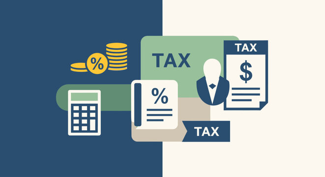 Flat vector illustration of tax payment concept with financial icons and business documents.