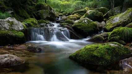 Fototapeta premium Small waterfall flowing over mossy rocks in a forest stream