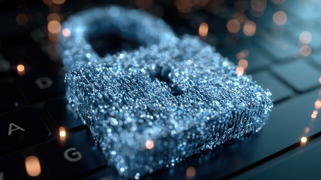 Digital Lock on Keyboard with Blurry Lights Representing Data Security and Cyber Protection