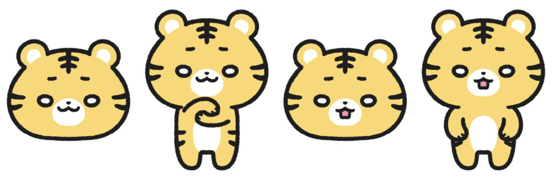 困惑、呆然とした表情のトラのイラストセット