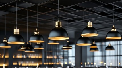 Obraz premium Sophisticated black and gold pendant lamps suspended from a dark grid ceiling, creating a warm, elegant ambiance in a modern restaurant. ,Architectural Lighting,Luxury Interior