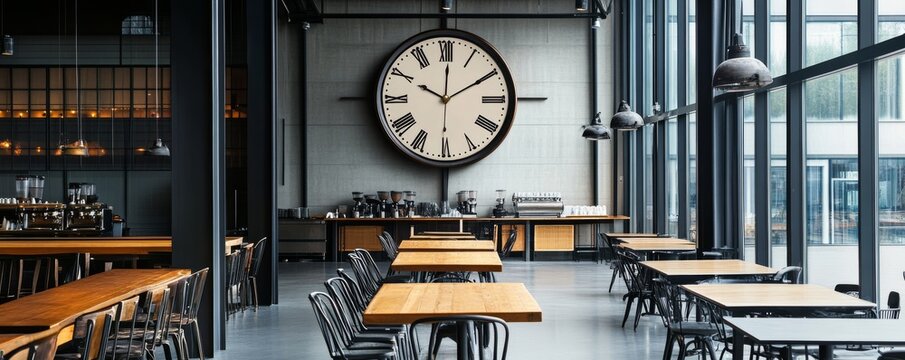 Spacious modern cafe, featuring a large oval Roman numeral clock on a concrete wall, wooden tables and industrial design. Inviting atmosphere., Cafe, Interior
