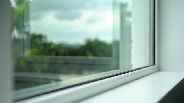 Modern white window frame view of blurred green landscape