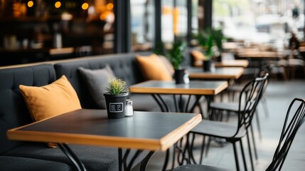 Fototapeta premium Stylish cafe patio with close-up of dark table, plant and salt shaker on a gray booth with orange pillow. Empty tables recede into a blurred urban scene with warm bokeh lights,