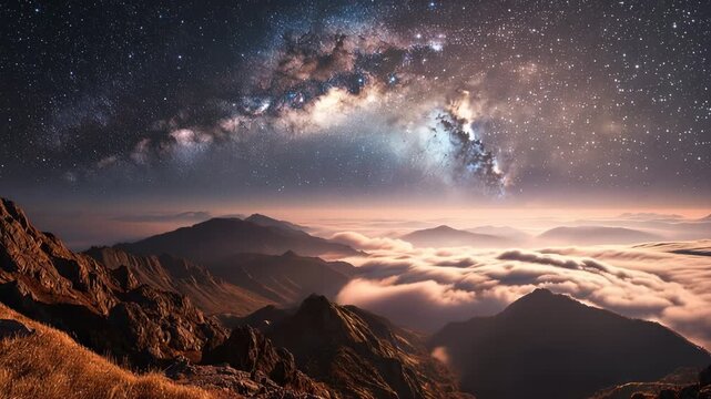 A scenic alpine landscape at dusk, featuring the glowing milky way galaxy above a sea of clouds rolling over distant mountain ranges from a rocky summit
