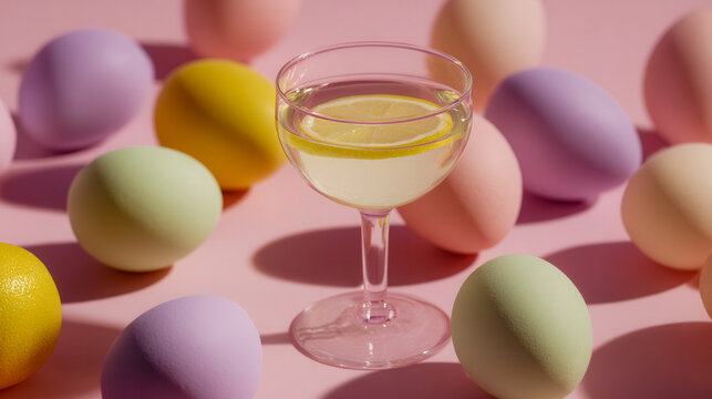 Festive pastel-colored eggs scattered around a glass coupe filled with a refreshing lemon-infused beverage on a soft pink background with soft shadows