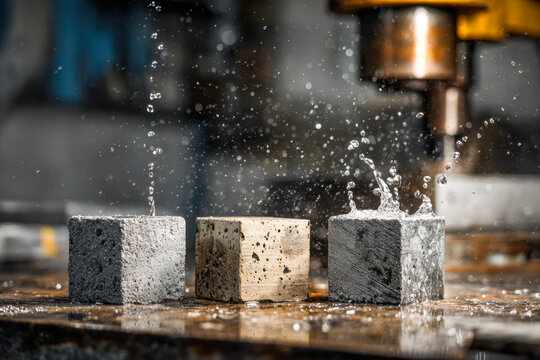 Industrial drilling process with water cooling on three porous cement blocks creating splashes and droplets in a manufacturing workshop environment