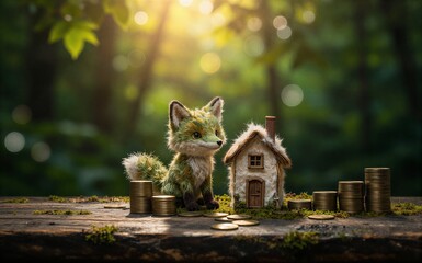Fototapeta premium A fox with green fur sits beside a tiny house and stacks of coins in