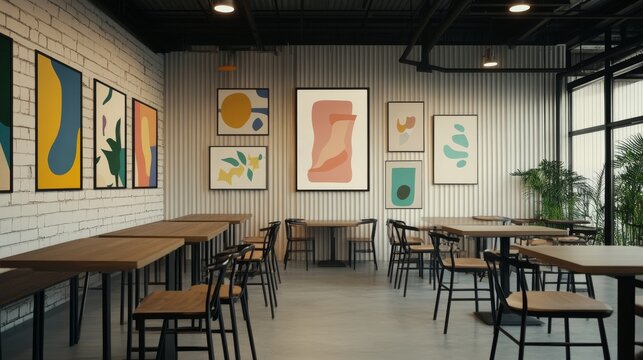 Vibrant Modern Cafe Interior Abstract Art-Adorned Walls, Industrial Ceiling and Minimalist Wooden Tables define an inviting contemporary dining space. Cafe, Design