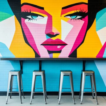 Vibrant, geometric Pop Art mural of a woman's face, full-frame above a black counter and four silver bar stools. Modern urban cafe seating with bold colors.,Street Art ,Cafe Aesthetic