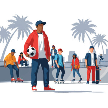 A group of diverse teenagers at a skatepark, one holding a soccer ball and others with skateboards, surrounded by palm tree silhouettes. Bright sunny lighting, cool urban mood. Minimalist flat