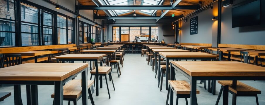 Wide shot of an empty modern industrial caferestaurant interior. Features rows of wooden tables, large grid windows, skylights and a minimalist design. Ready for service. Commercial