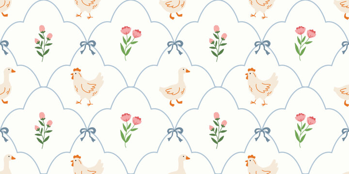 Coquette floral trellis seamless pattern with bows, flowers, goose and chicken. Preppy spring summer print. Cottagecore aesthetic. Cute background for fabric, wrapping paper, decor, wallpaper.