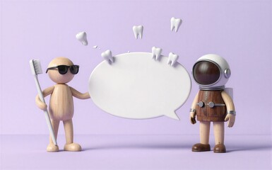 Fototapeta premium Two wooden figures discuss dental hygiene one holding a toothbrush.