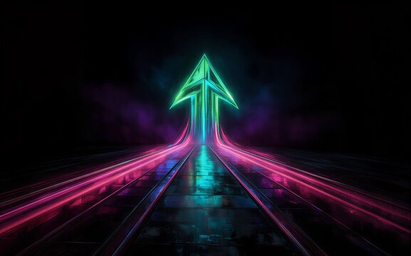Neon arrow glows brightly guiding light trails through a dark