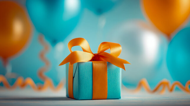 Vibrant blue gift box wrapped with bright orange ribbon and bow surrounded by matching balloons and festive curly ribbons on soft background