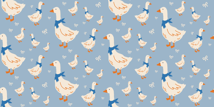 Coquette floral trellis seamless pattern with bows, flowers, goose and chicken. Preppy spring summer print. Cottagecore aesthetic. Cute background for fabric, wrapping paper, decor, wallpaper.
