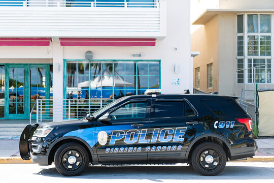 Miami, Florida, USA - July 27, 2025: Ford Police Interceptor SUV police car. Luxury SUV car Ford Interceptor, Virginia gardens. Ford Interceptor police car outdoor. Black police car, side view.