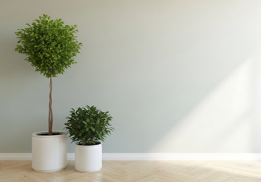 Two decorative indoor plants in white ceramic pots against a plain wall with interior greenery minimalist houseplant botanical background decoration