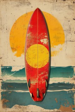 Vintage-style poster featuring a red surfboard with ocean waves and su