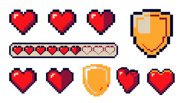 Pixel Art Game Icons Hearts, Health Bars, and Shields for Video Game Interfaces