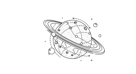 Black and white line drawing of Saturn with rings and moons. © Ayu
