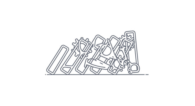 Abstract line art illustration of falling gears and frames representing a domino effect.