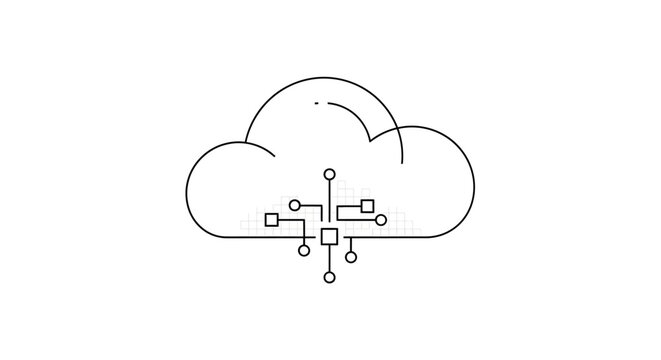 Minimalist line icon of cloud computing and data processing technology on white background.
