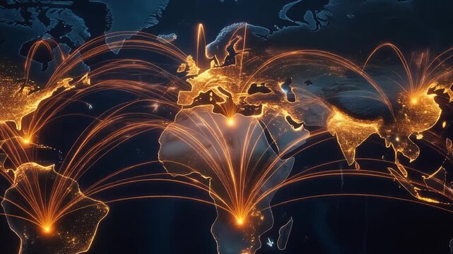 Abstract Visualization of Global Supply Chain Network with Glowing Shipping Routes in Slow Motion