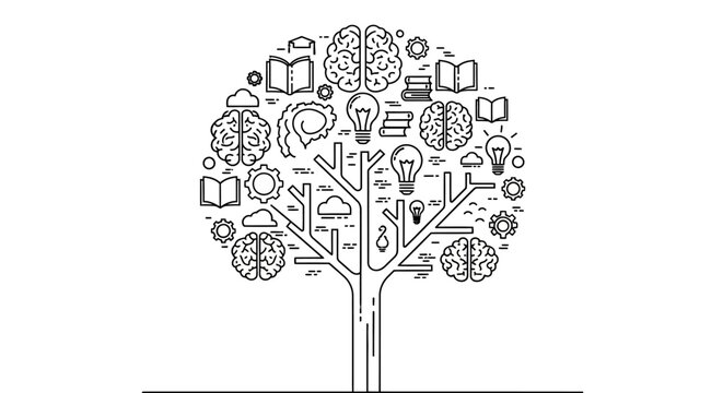 Tree of knowledge with brains, books, and lightbulbs symbolizing learning and ideas