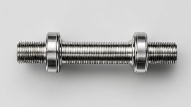 Shiny metal threaded rod with two circular flanges isolated on white background showcasing industrial precision and mechanical hardware design details