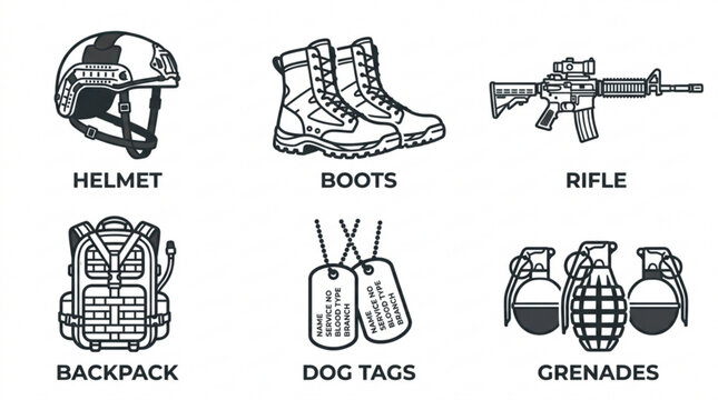 Military equipment icons set including helmet boots rifle backpack dog tags and grenades on white background