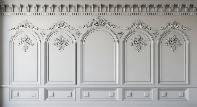 Classic white wall with ornate molding and decorative plaster panels in elegant interior decorative classical interior architectural moulding paneling background structure architecture