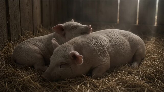 Two sleeping piglets resting together on straw inside barn