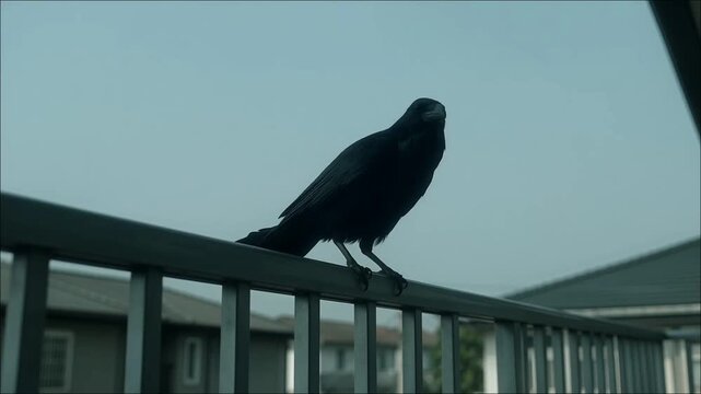 Black crow landing on apartment balcony railing in residential area