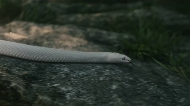 White snake crawling across mossy rock in natural forest