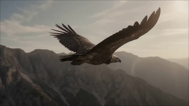 Large condor soaring above rocky mountains under blue sky